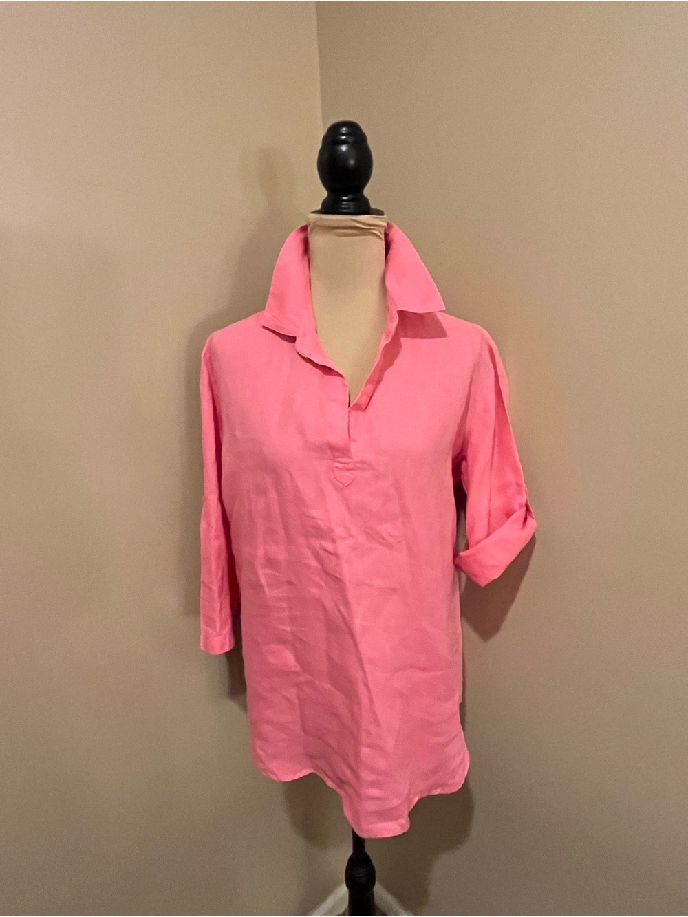 Pure Amici Oversized Linen Collared Pink Roll-Sleeve Tunic, Small Lagenlook